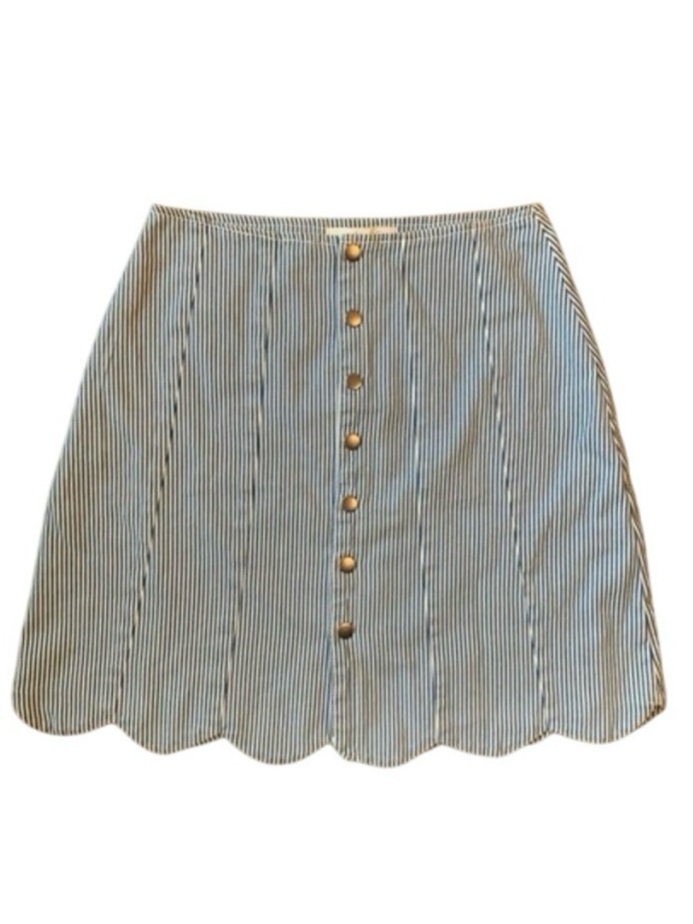 Anthropologie Blue and White Striped Button-Front Scalloped Mini Skirt